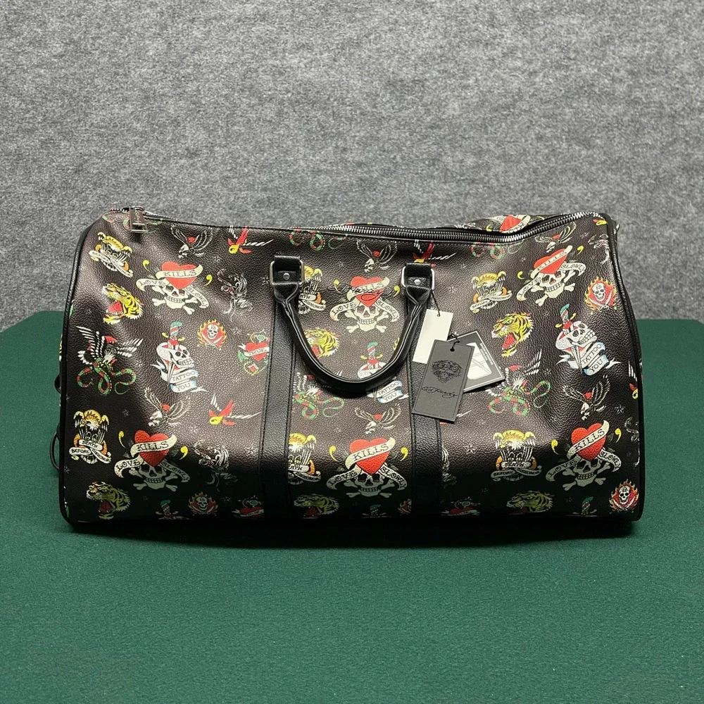 Ed Hardy Duffle Bag Black Tattoo Flash Print Vegan Leather Laptop Sleeve Travel